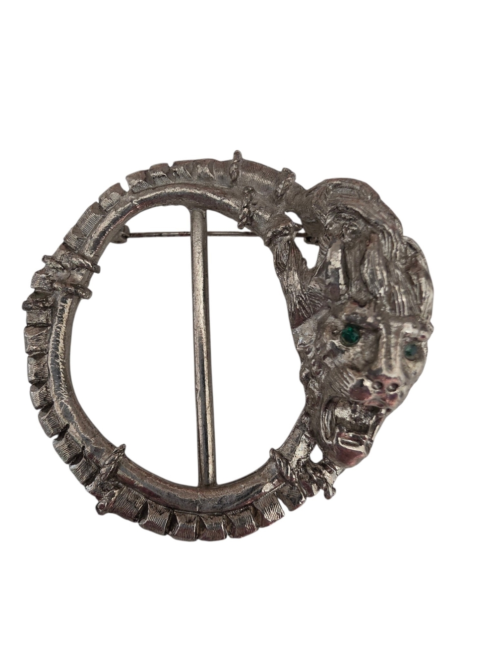 Silver-Tone Lion Head Circle Brooch with Green Eyes